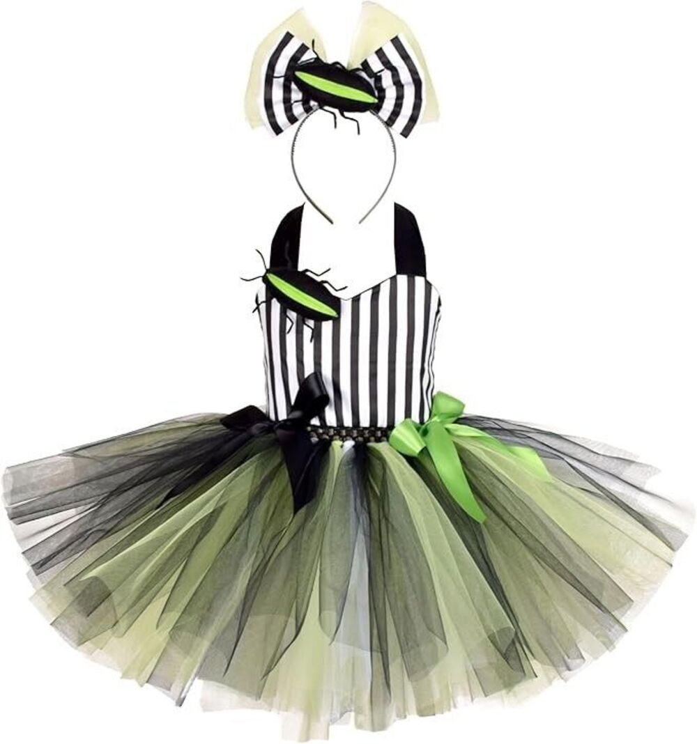 Kids Halloween Tulle Tutu Dress Green Black Striped Top, Hair Bow, Size 5-6 NEW